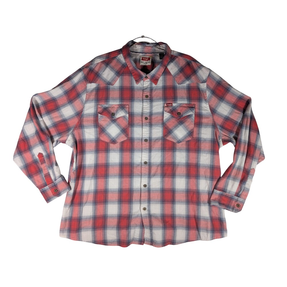 Wrangler Plaid Western Long Sleeve Button Down Shirt Men Size 3XL Red White Blue